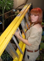 WIth the help of another zoo curator, Scavelli cautiously moves a ladder into the python cage to change out the lights.
